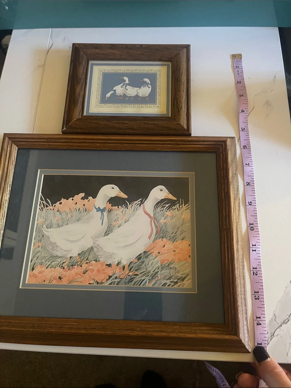 Framed Duck Print Set – White Ducks with Peach Flowers